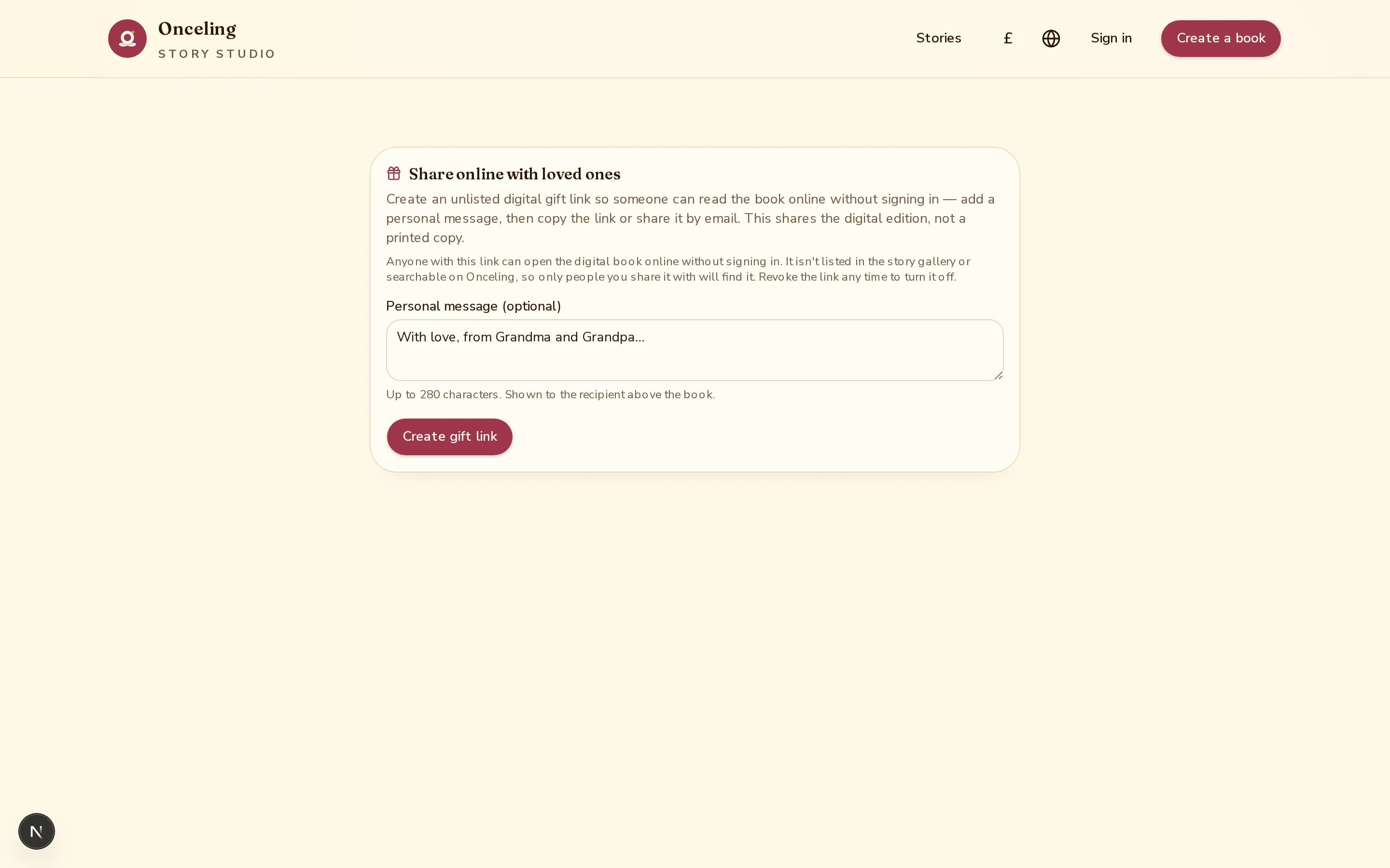 The Share online with loved ones card on the book page, with a personal message field and Create gift link button.