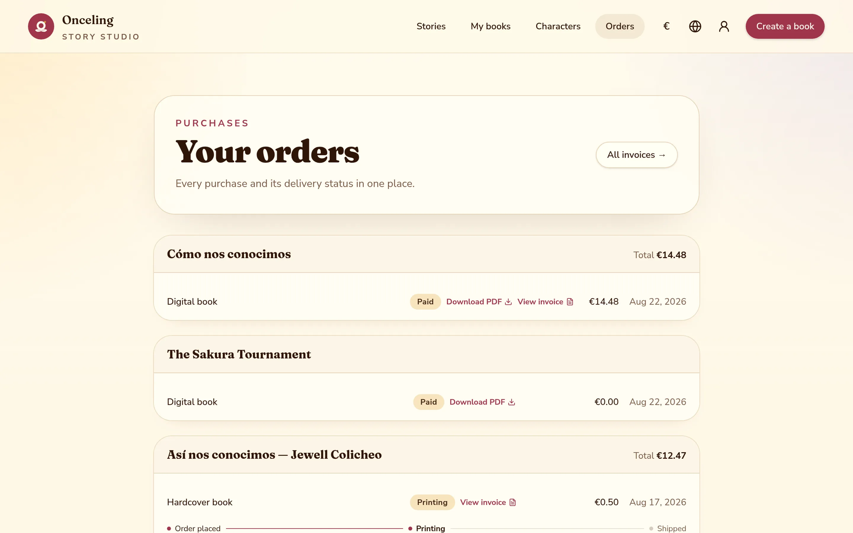 An order row on the orders page with a Download PDF button.