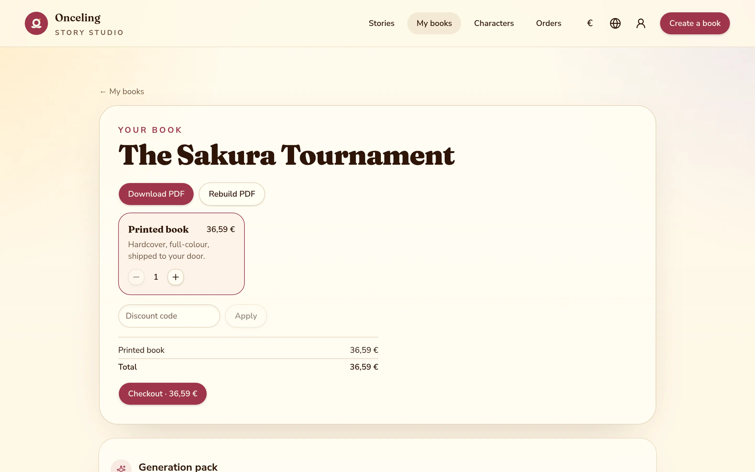 The purchase panel showing digital and hardcover format options with a discount code field.