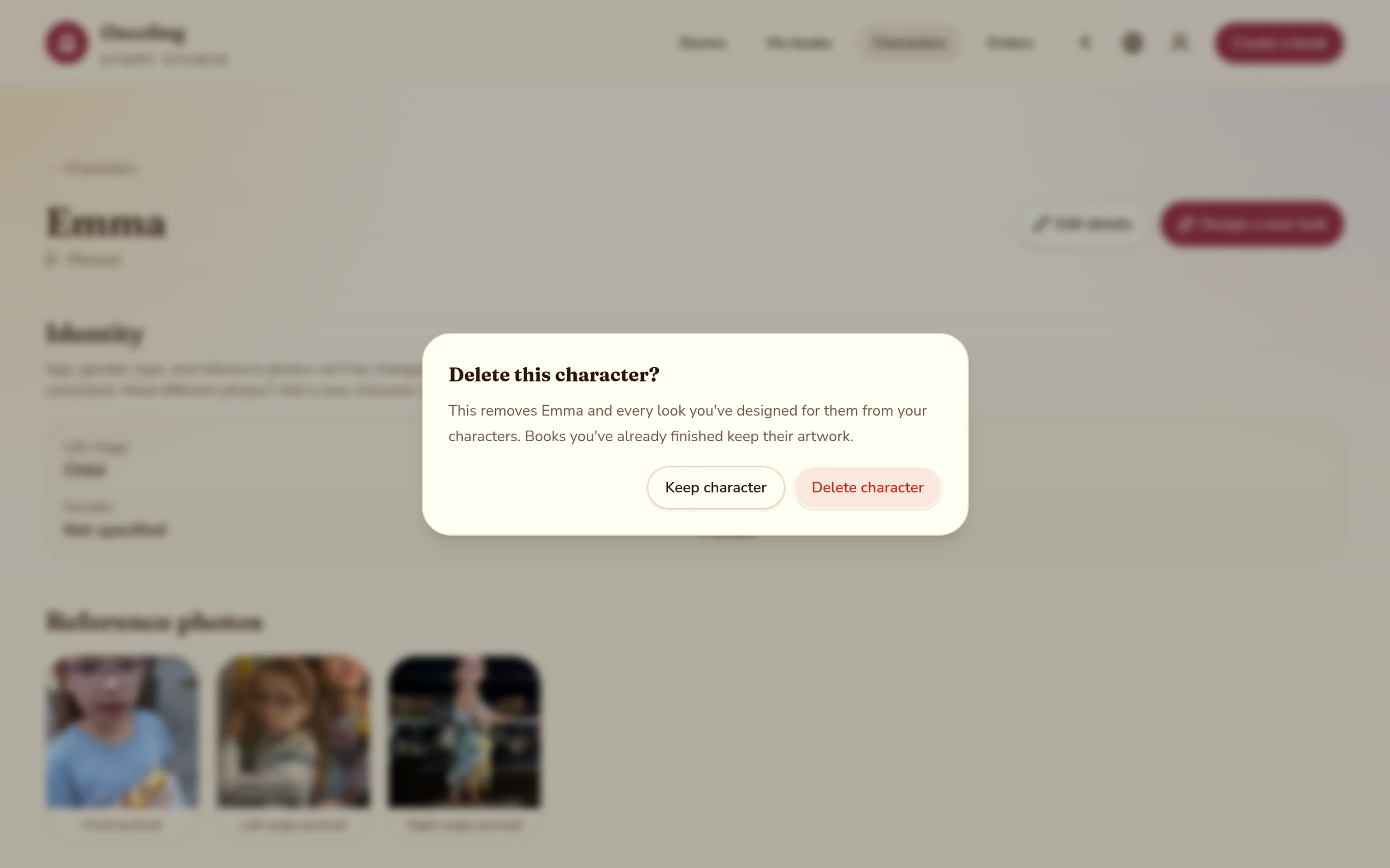 The delete-character confirmation dialog in the character library, warning that the character and all its looks will be removed.