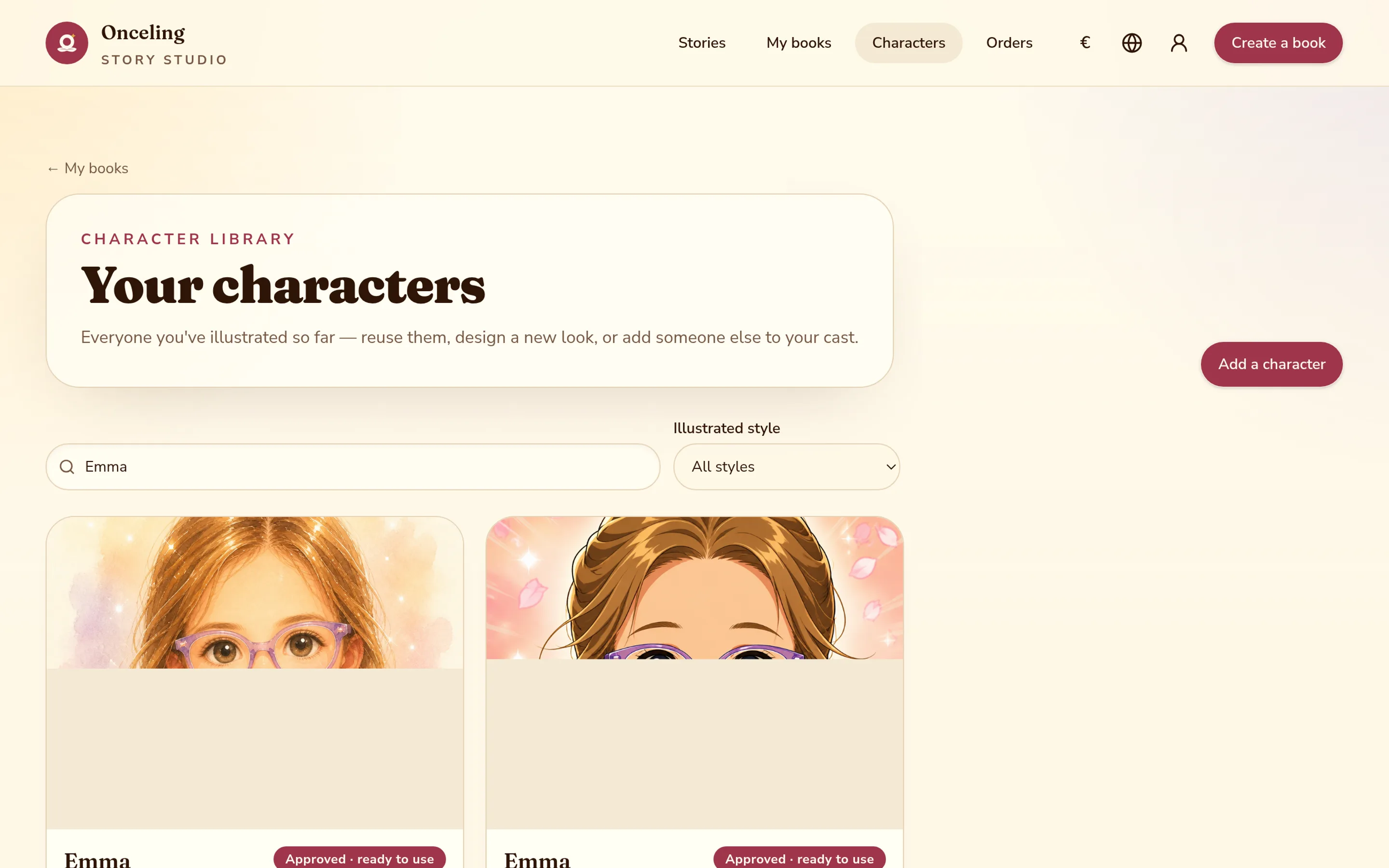 The character library page showing a searchable list of saved characters, one with two illustrated looks.