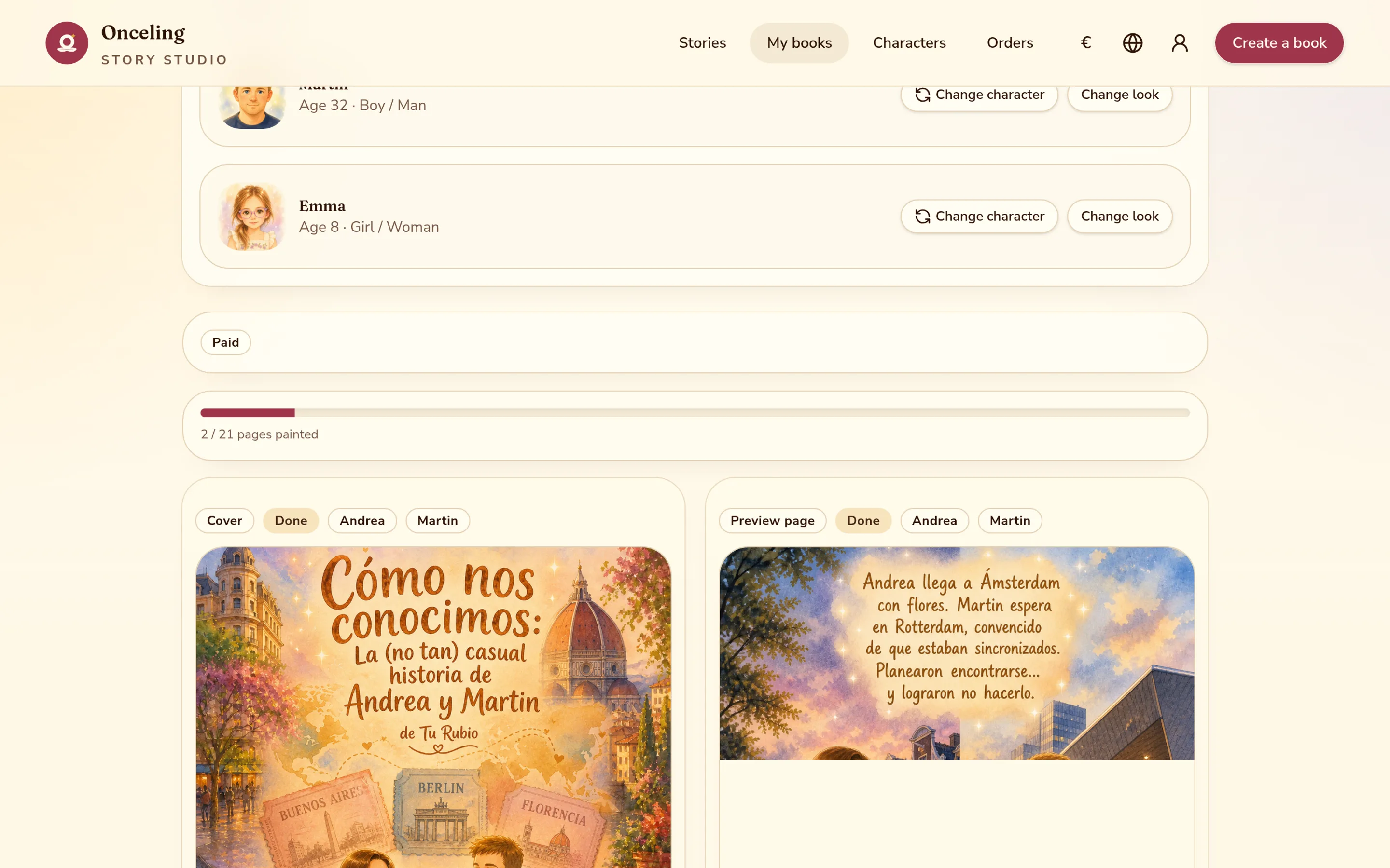 A project page showing generation progress with a count of illustrated pages out of the total.