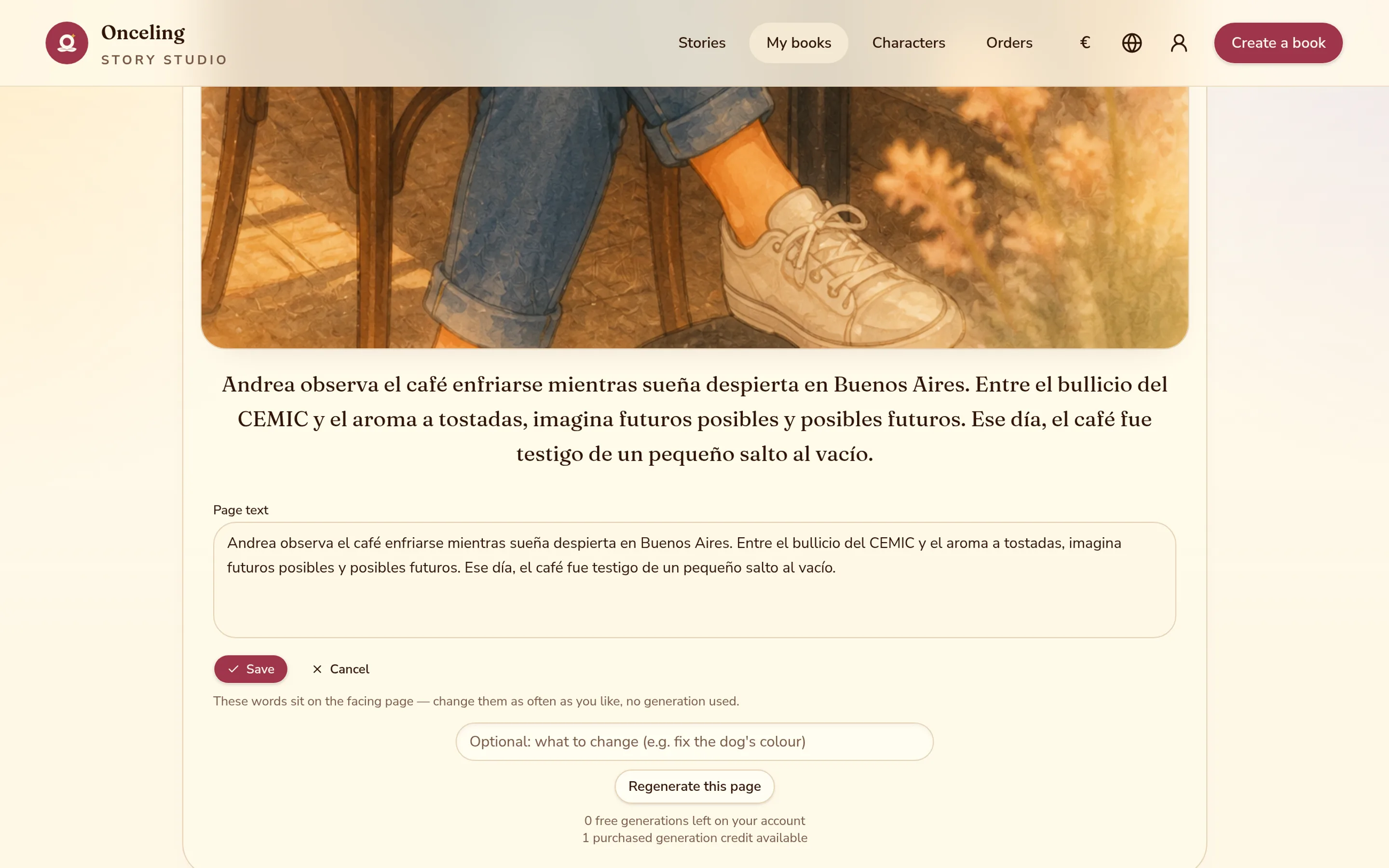 The page text editor for a facing-page layout, with no re-render warning shown.