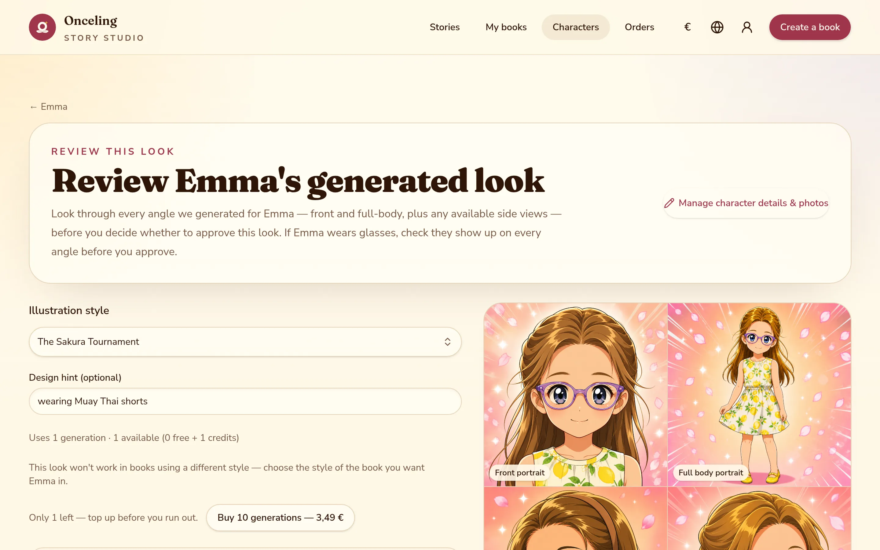 The “create a new look” form in the character library, showing that it uses 1 generation.